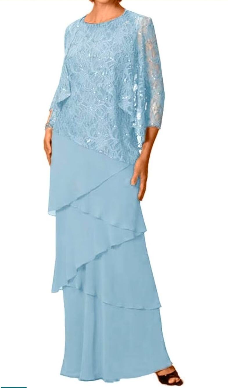 MOTB Tiered lace formal evening gown blue W/lace jacket SZ 16W wedding black tie